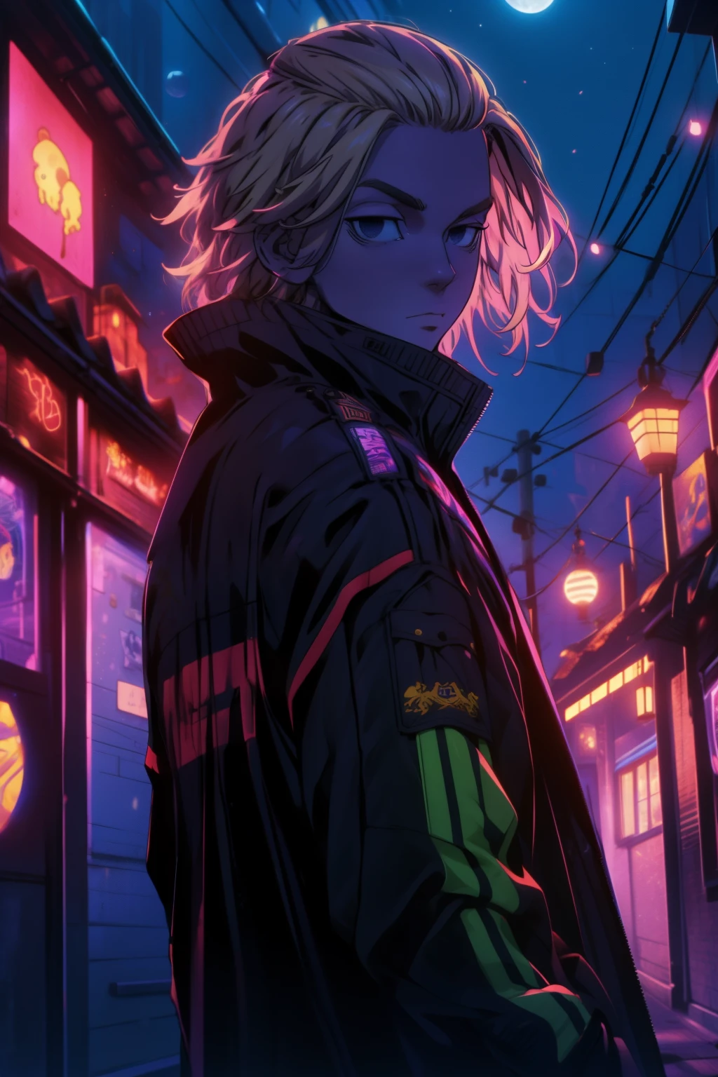 depth of field, sharp detail, best quality, looking at viewer, 1boy, solo, male focus, manjirou_sano, blonde hair, black eyes,purple jaket,neon jaket,old town,night time,moon rise ,Mikey