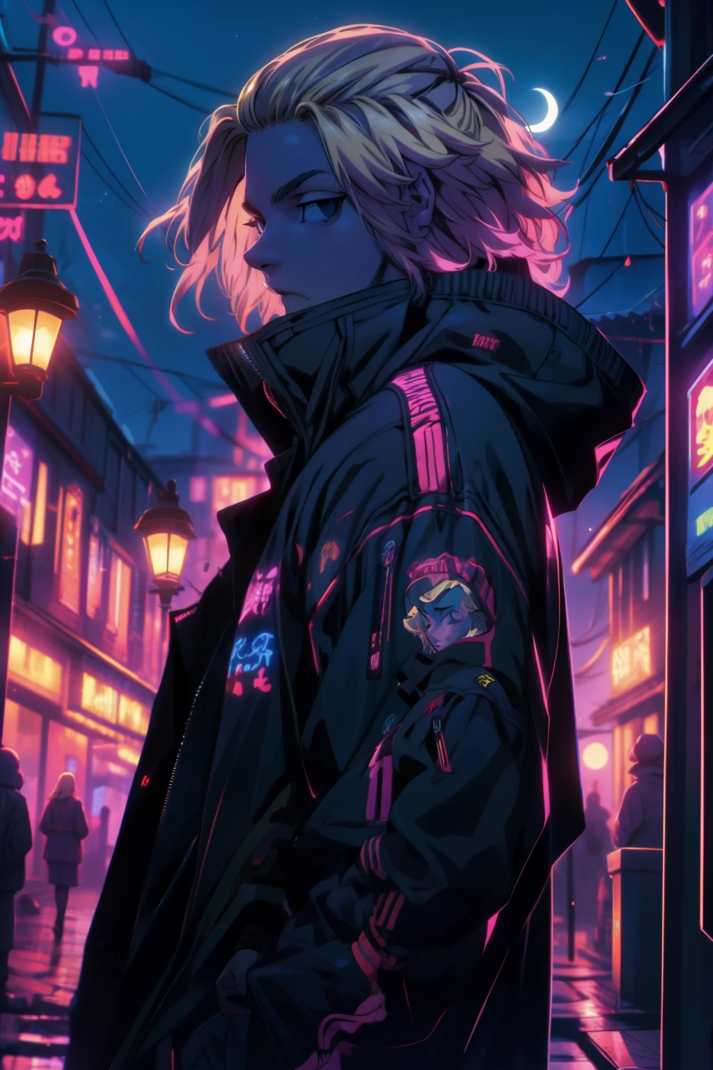 depth of field, sharp detail, best quality, looking at viewer, 1boy, solo, male focus, manjirou_sano, blonde hair, black eyes,purple jaket,neon jaket,old town,night time,moon rise ,Mikey