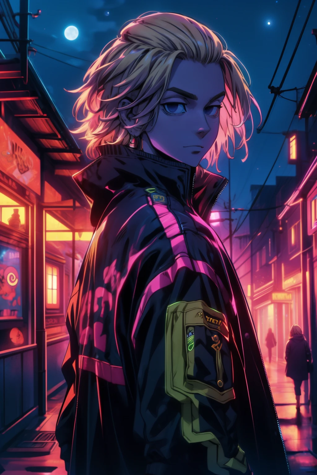 depth of field, sharp detail, best quality, looking at viewer, 1boy, solo, male focus, manjirou_sano, blonde hair, black eyes,purple jaket,neon jaket,glwo jaket,old town,night time,moon rise ,Mikey