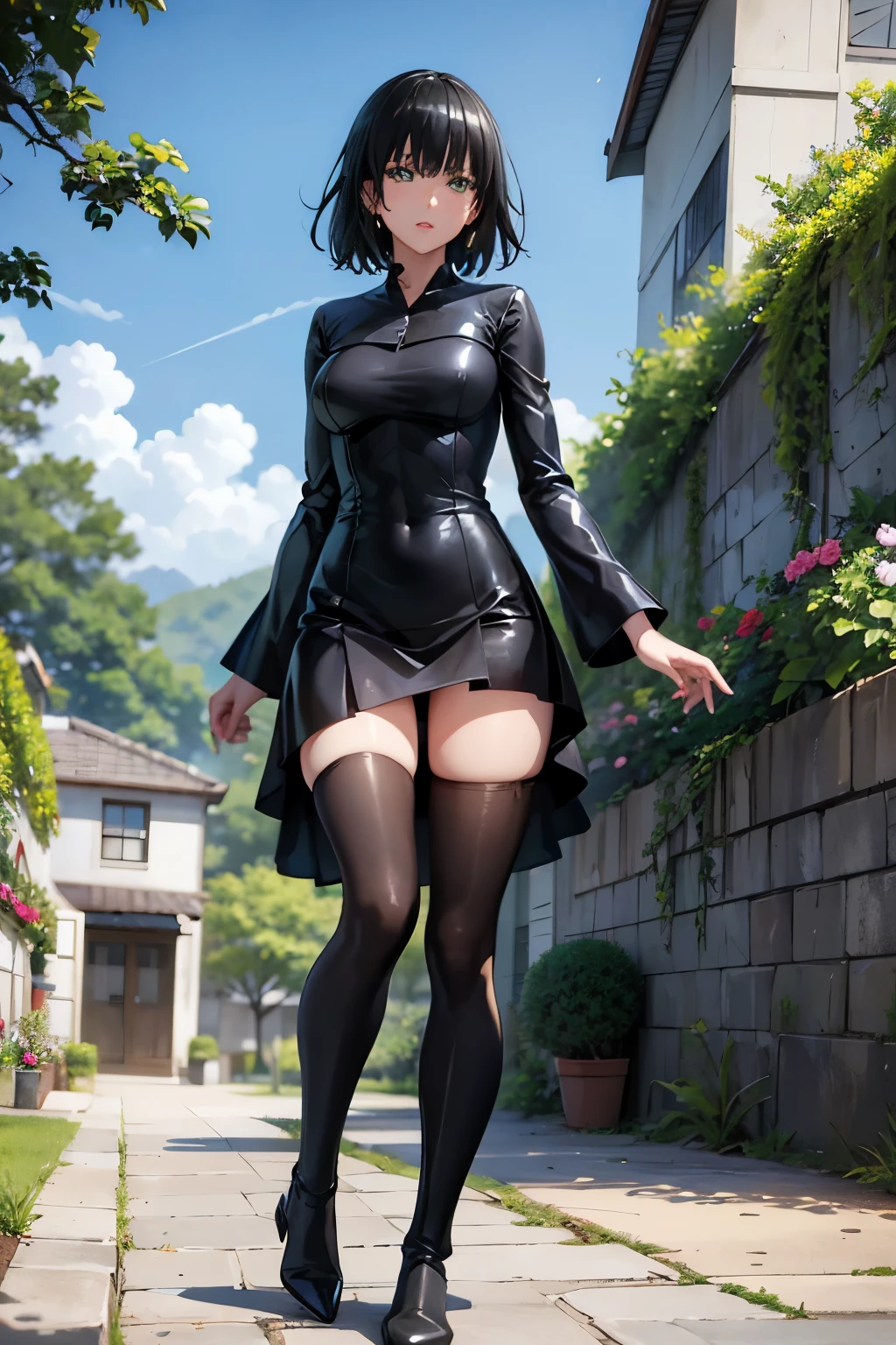 fubuki, vestido sexy,pantys、Foto desde abajo、jardín、pecho mediano、botas altas de muslo、Enseña calzones