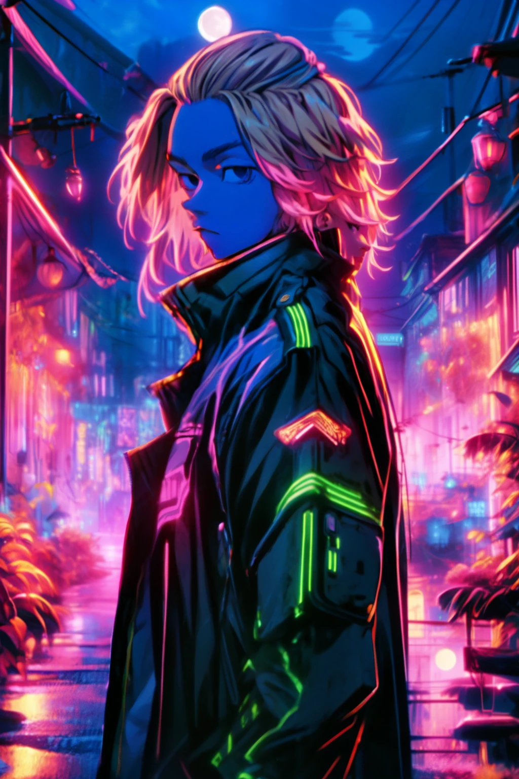 depth of field, sharp detail, best quality, looking at viewer, 1boy, solo, male focus, manjirou_sano, blonde hair, black eyes,purple jaket,neon jaket,glwo jaket,old town,night time,moon rise ,Mikey