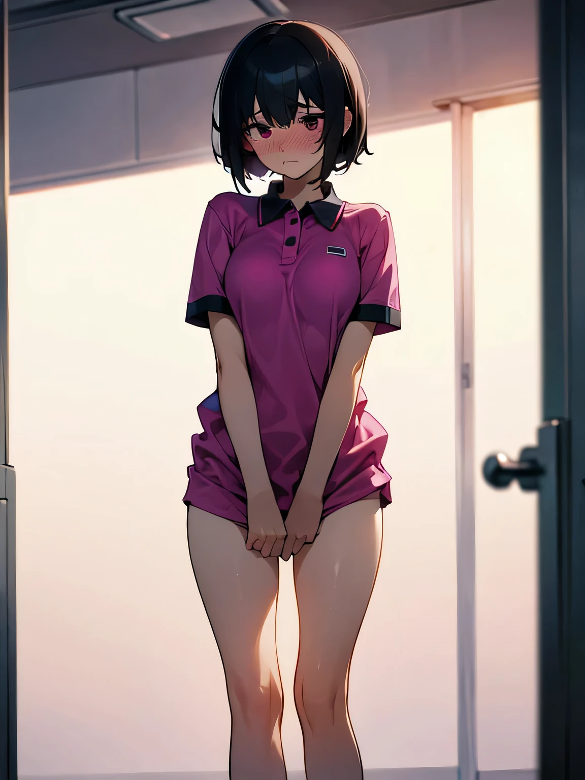 Anime girl in pink uniform standing in front of a door - SeaArt AI