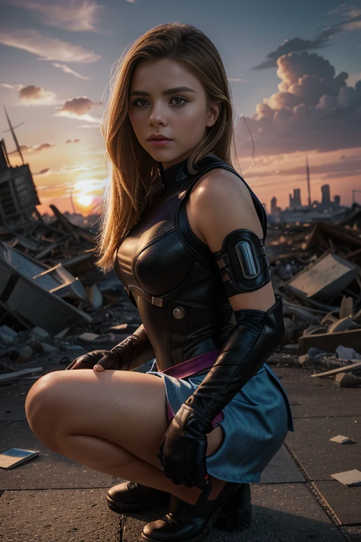 chloe grace moretz、squatting down、torn suit、I'm wearing a skirt、masterpiece, 1 girl, マーベルのサイロックとしてbeautiful女性, X-Men Psylocke Cosplay、purple suit、Fine and delicate features, futuristic new york background, Science fiction, blonde, super heroine, heroic, perfect balance, photograph, 超realistic, masterpiece, 8k, large format camera, 110mm lens, dynamic lighting, rim lighting、official art, extremely detailed CG 8K wallpaper, perfect lighting, De color, bright_amount_method_light, piel bright, (masterpiece:1.0), (Better_quality:1.0), ultra high resolution, 4k , Super detailed, director of photography, 8K, HDR, Altas Resolightones, (confused:1.2), kodak portrait 400, film grain, blurred background, (Bokeh:1.2), Lens flare, (lively_color:1.2), プロのphotograph撮影, (beautiful_method:1.5),More detailed 8K.unreal engine:1.4,Hmm,La Better calidad:1.4, realistic:1.4, skin temperature:1.4, masterpiece:1.8,masterpiece, Better calidad,object object], (detailed facial features:1.3),(Anti-sedentary apocalyptic destroyed city:1.4), (Apocalyptic Sunset:1.4)