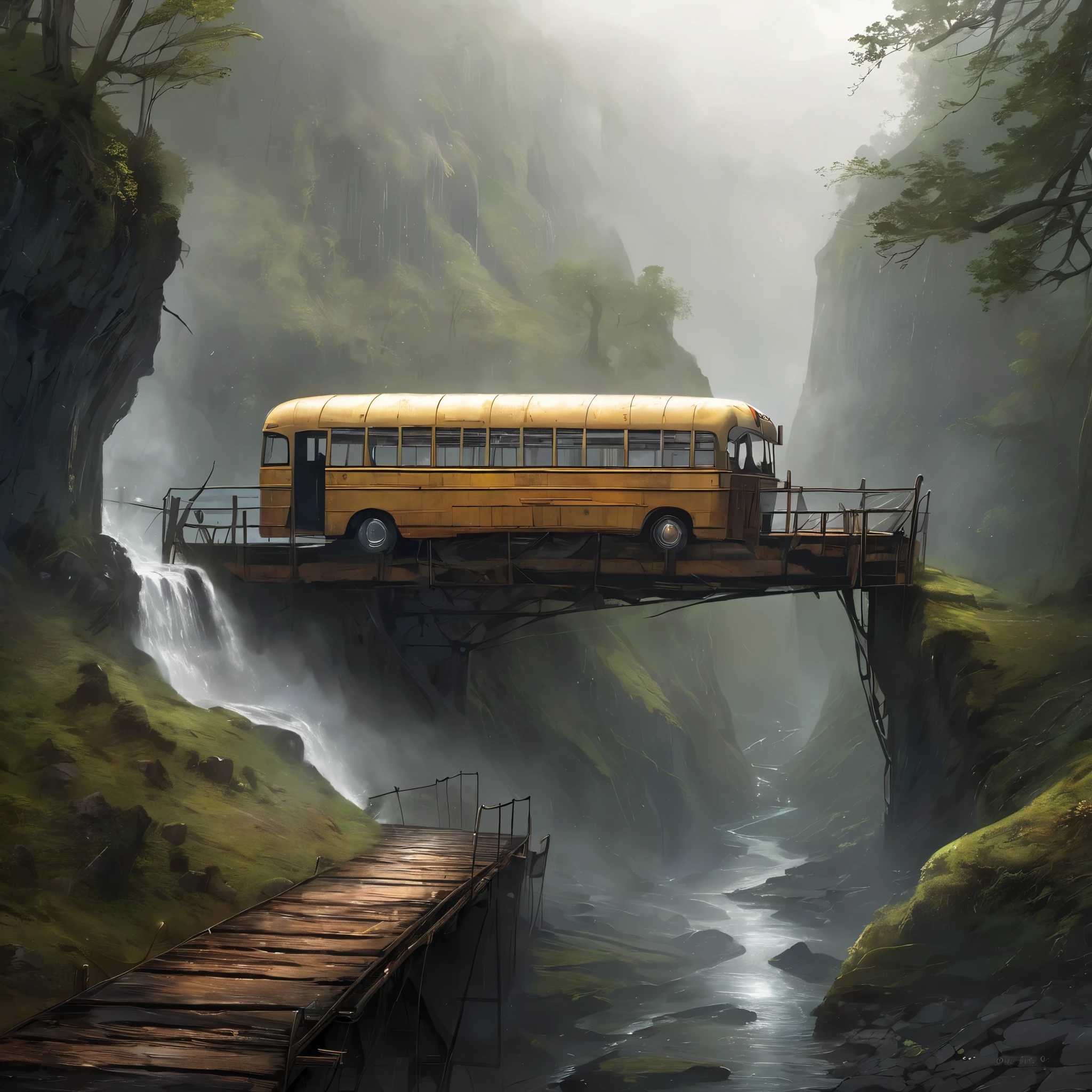 渓谷の橋として使われている古いバスのリアルな写真, 雨と霧の多い天気, 壮大, 天体の, エーテル, 絵画的な, すごい, 雄大な, 魔法の, ファンタジーアート, カバーアート, 夢のような