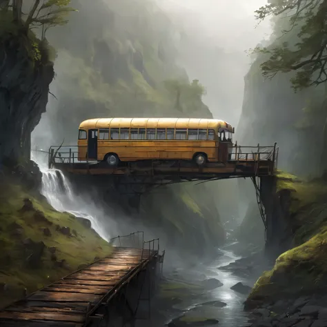 A REALISTIC PHOTOGRAPH OF AN OLD BUS USED AS A BRIDGE IN A GORGE, RAINY AND LOTS OF FOG WEATHER, magnificent, celestial, etherea...