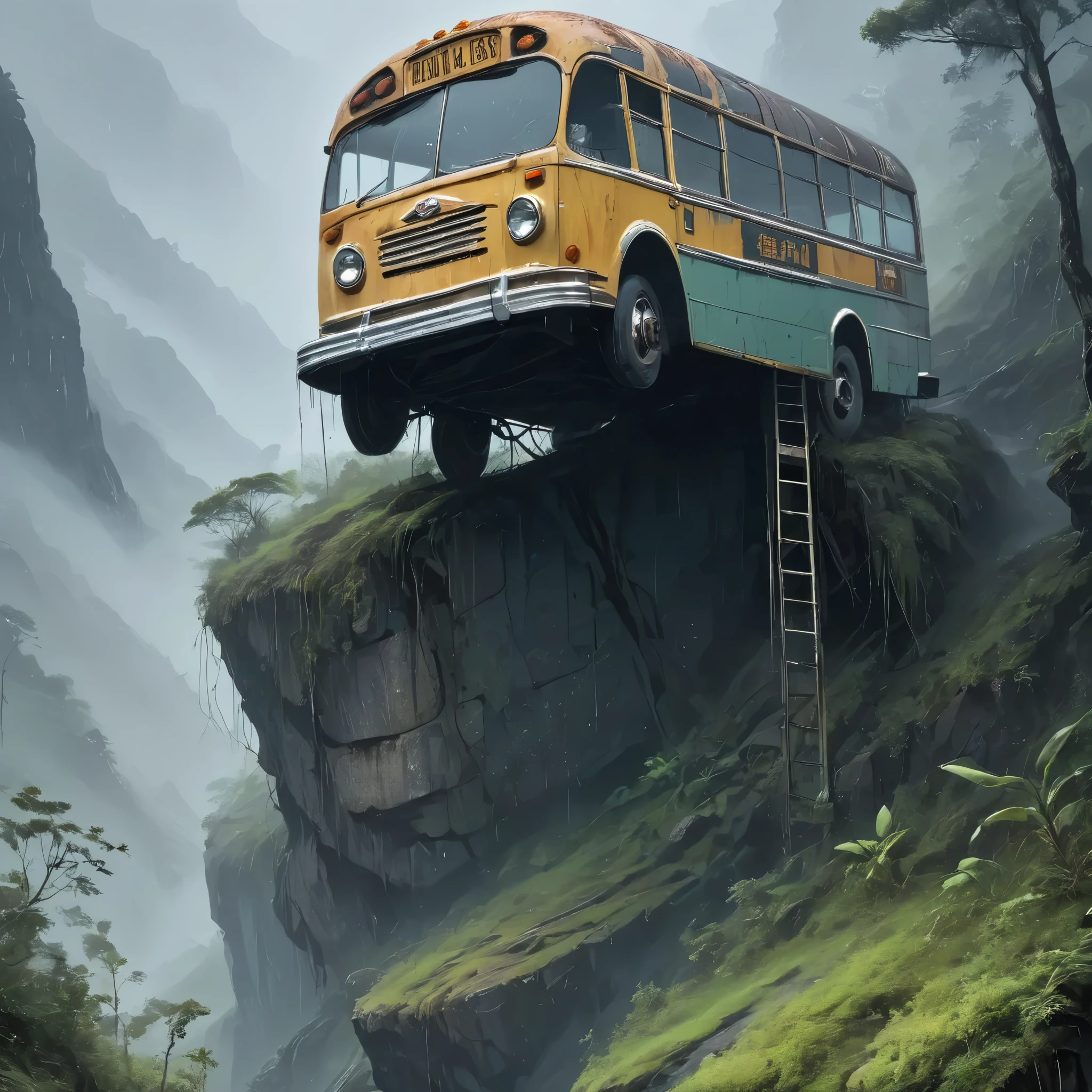 In the midst of a torrential downpour and enveloped in a thick fog the image captures a weathered and decrepit bus precariously perched atop a rugged mountain serving as an unlikely bridge connecting two separate worlds