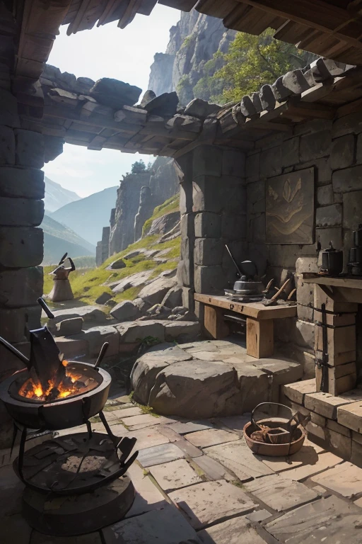 inside of a slavic smithy up on the mountain, thatched roof, smithy on a rocky cliff, blacksmithing equipment, ((big anvil)), (blacksmithing hammers), (tongs on the wall), smoldering coals in the forge