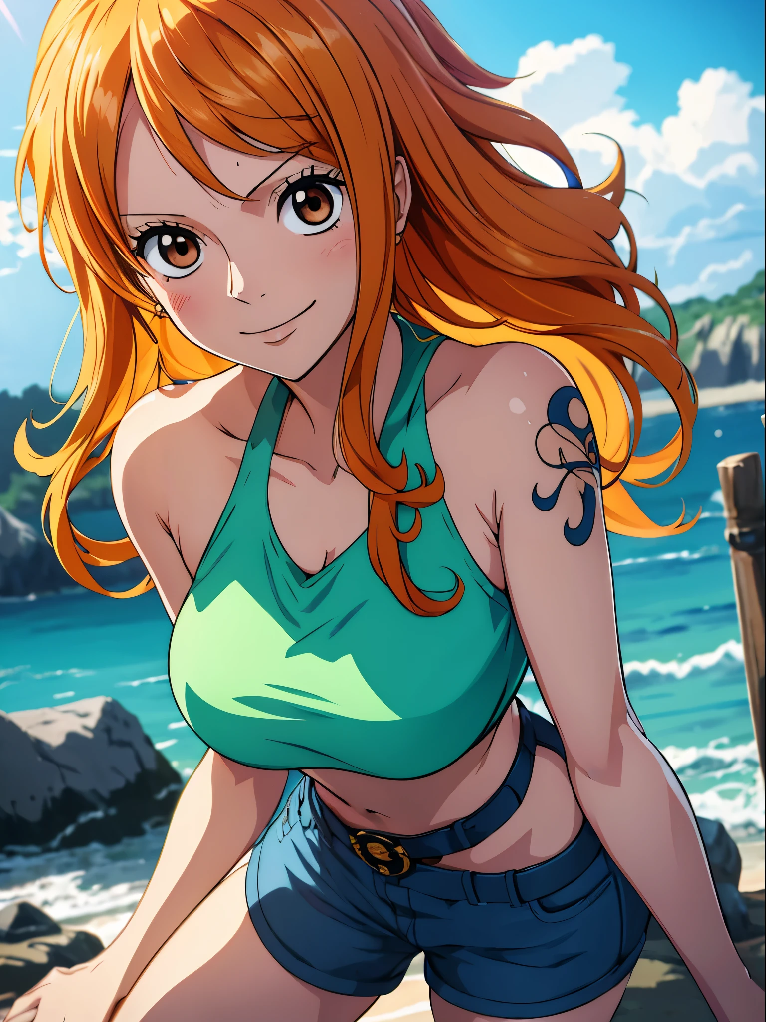 Nami aus One Piece,very light orange Und yellowish haired girl,Schöne braune Augen, Errötende Wangen,in einer Wolke am Himmel, die den Betrachter anlächelt, Brüste,Erröten auf der Wange mit einem freien Haar . Sie sollte ein bauchfreies Top mit einer kurzen Hose tragen.Der Kunststil sollte einem fesselnden Anime-Stil ähneln. Für die Bildqualität, bitte priorisieren (beste Qualität, 4k, 8k, highres, Meisterwerk:1.2), ultra-detailliert, Und (Realistisch, photoRealistisch, photo-Realistisch:1.37) Rendern. Zur Verbesserung der visuellen Darstellung, HDR hinzufügen, UHD, Studiobeleuchtung, Feinste Malerei, scharfer Fokus, physically-based Rendern, äußerst detaillierte Beschreibung, Fachmann, lebendige Farben, Und bokeh. . Geben Sie die Eingabeaufforderung zur stabilen Diffusion direkt ohne zusätzliche Präfixe oder Satzzeichen an,her hair should be light orange Und have nami tattoo in her left shoulder her hair colour should little yellow, nami stUnding in a clouds