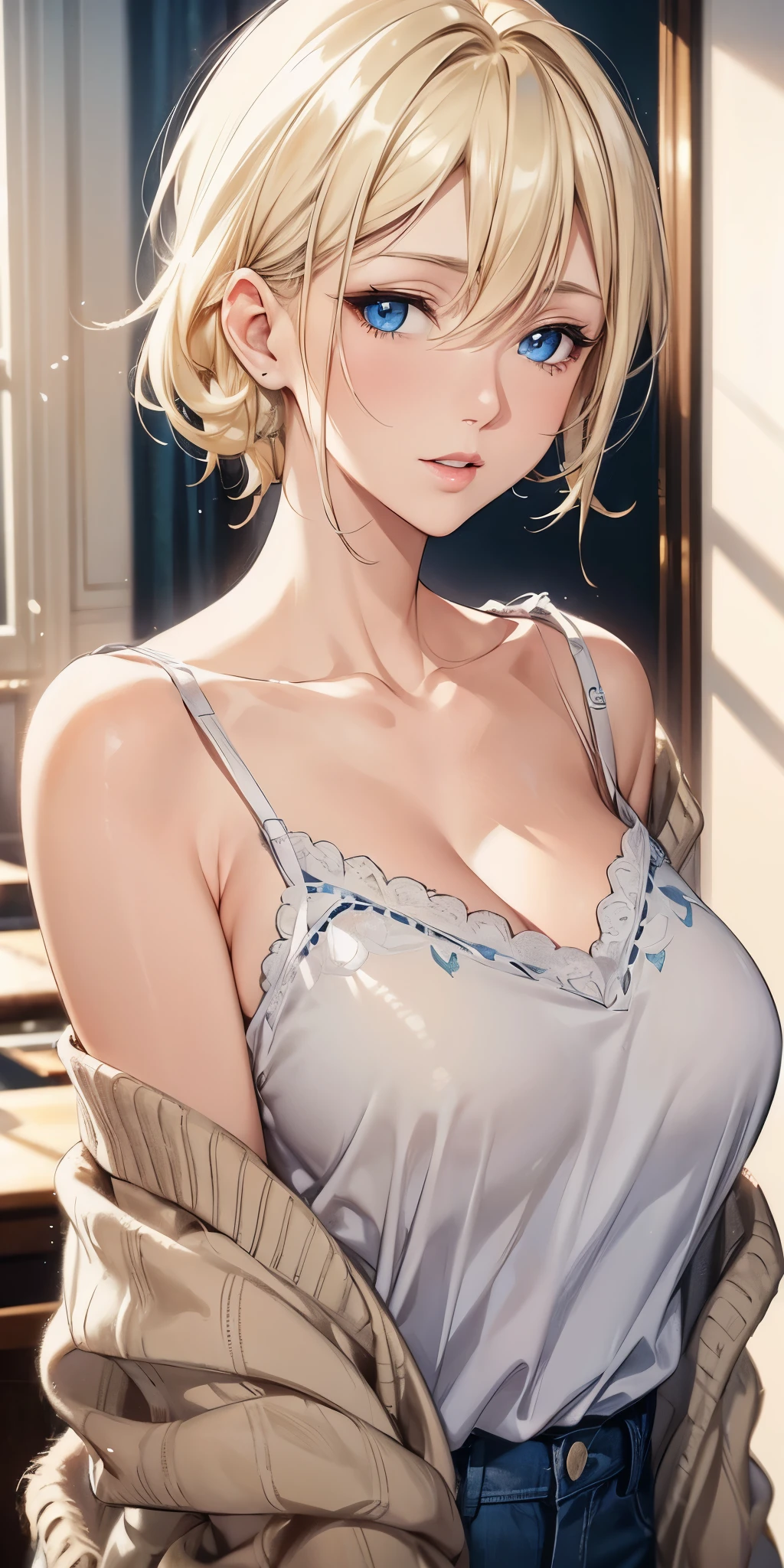 portrait, femme adulte élégante, yeux bleus, cheveux blond, gros seins, Résolution 4k, Beau CG, Lumière douce