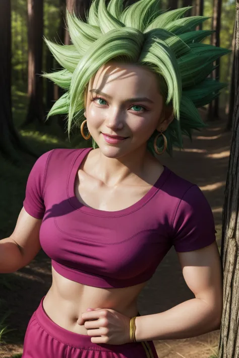 keflassj, 1girl, solo, aqua eyes, green hair, spiked hair, super saiyan, super saiyan 1, green earrings,
midriff, pink top, shor...