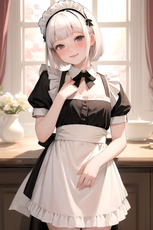 (masterpiece, best quality, absurdres, high details, perfect), 1girl, white hair, short straight hair, blunt bangs, flat chest, narrow waist, grey eyes, petals, pale skin, mansion, indoors, maid, maid headdress, maid apron, cowboy shot, blush, light smile, head tilt, bowing,