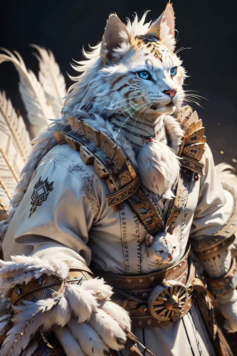 an anthropomorphic dignified white cat sits with a happy expression, decorated with intricate feathers and battle paint. wearing...