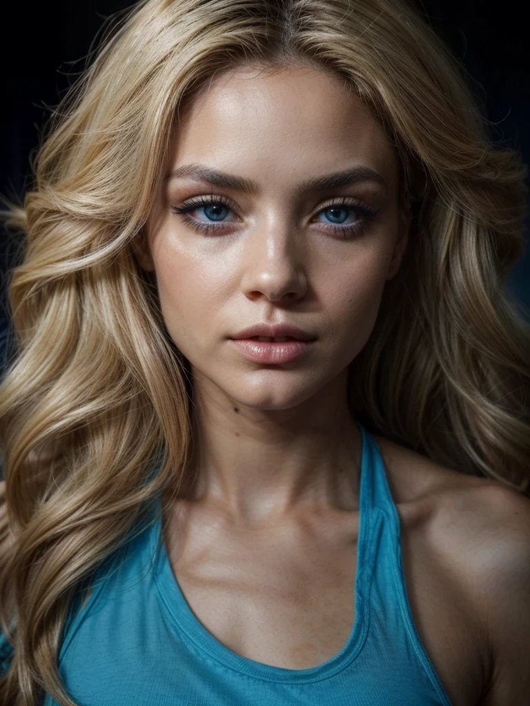 Schönes Mädchen mit blonden Haaren, professionelles Make-up, äußerst detailliert, Realistische Haut, wunderschöne Augen, ohne Mängel, verführerischer Blick, mit blauem Oberteil