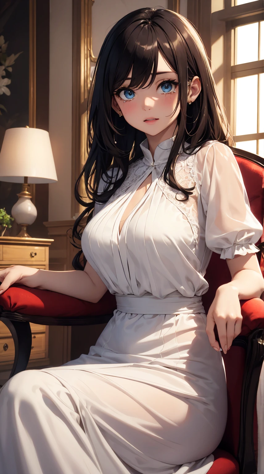 masterpiece,8k,high quality,full body:1.7,clean blue eyes,open red mouth,red tiek,crying cuty face,biggest large brest,tight west,very sparking clothes,biggest large brest,a close up of a woman sitting on a chair wearing a white dress, wearing white silk, soft silk dress, puff sleeves, wearing a blouse, translucent silky dress, white silky outfit, silk dress, cream colored blouse, sheer, white trendy clothes, high quality material bssrdf, translucent dress, silky garment, white blouse, dress in voile