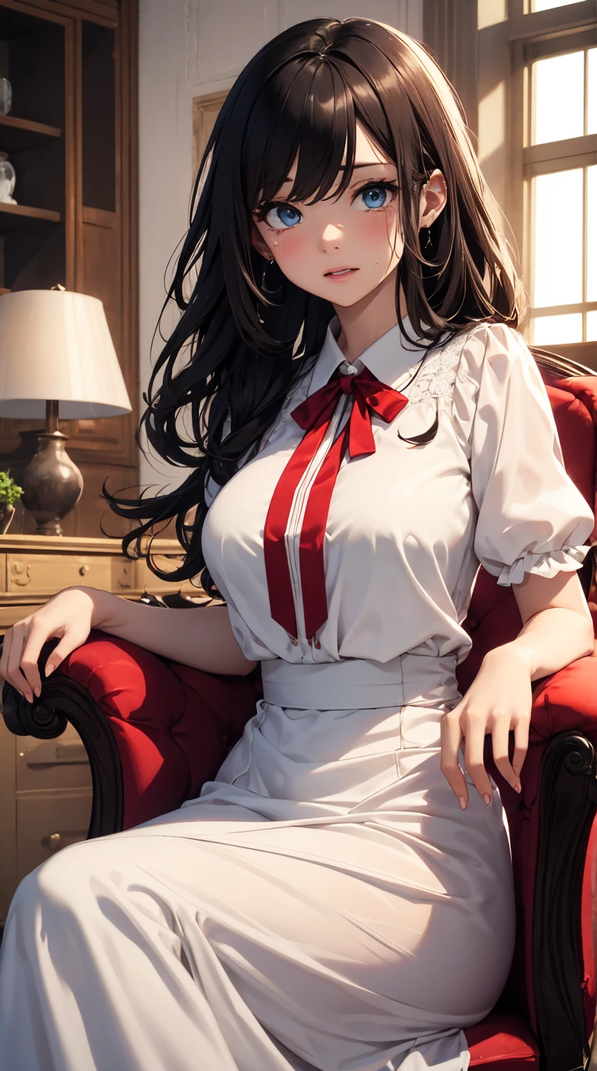 masterpiece,8k,high quality,full body:1.7,clean blue eyes,open red mouth,red tiek,crying cuty face,biggest large brest,tight west,very sparking clothes,biggest large brest,a close up of a woman sitting on a chair wearing a white dress, wearing white silk, soft silk dress, puff sleeves, wearing a blouse, translucent silky dress, white silky outfit, silk dress, cream colored blouse, sheer, white trendy clothes, high quality material bssrdf, translucent dress, silky garment, white blouse, dress in voile,wearing long red ribbon tie,