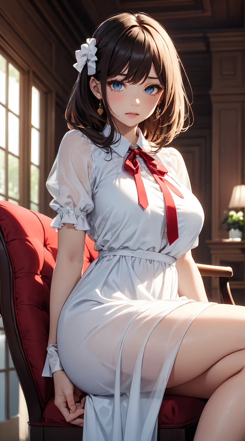 masterpiece,8k,high quality,full body:1.7,clean blue eyes,open red mouth,red tiek,crying cuty face,biggest large brest,tight west,very sparking clothes,biggest large brest,a close up of a woman sitting on a chair wearing a white dress, wearing white silk, soft silk dress, puff sleeves, wearing a blouse, translucent silky dress, white silky outfit, silk dress, cream colored blouse, sheer, white trendy clothes, high quality material bssrdf, translucent dress, silky garment, white blouse, dress in voile,wearing long red ribbon tie,