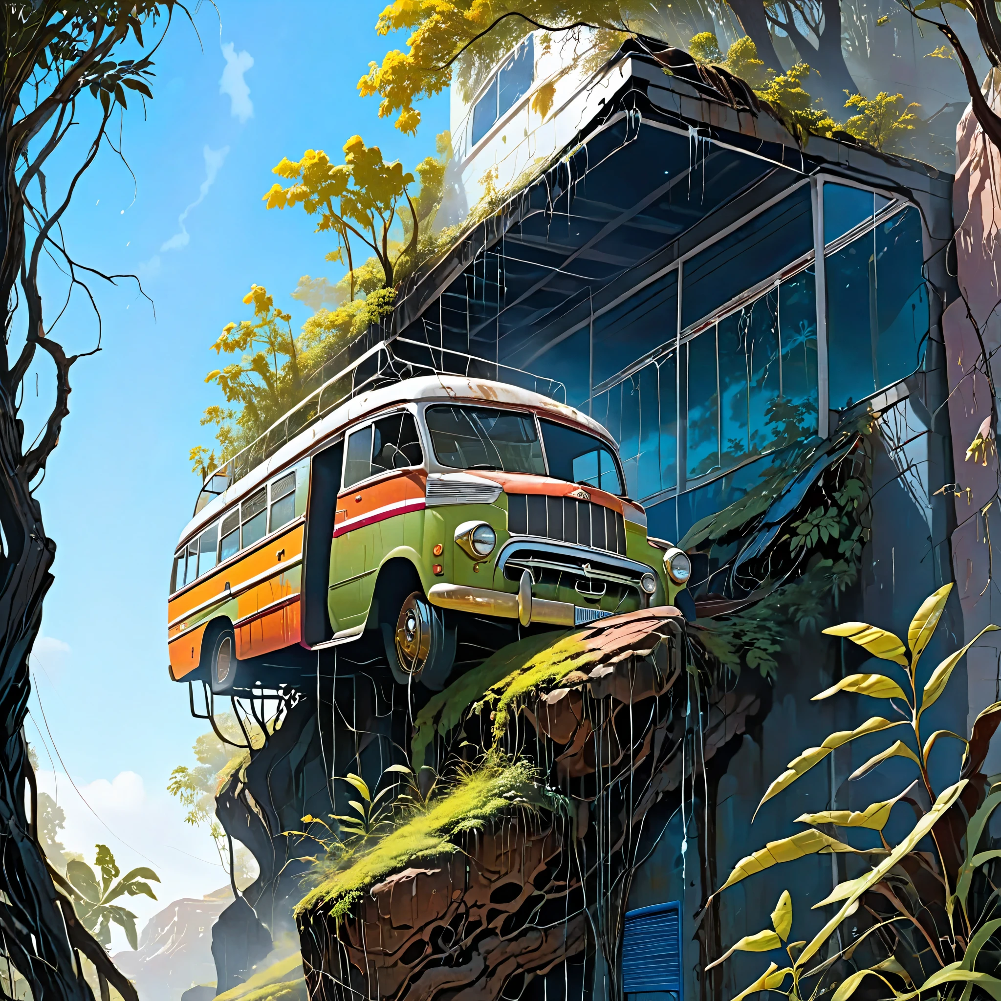A REALISTIC PHOTOGRAPH OF AN OLD AND RUSTY BUS USED AS A BRIDGE ON THE TOP OF A MOUNTAIN, THE BUS IS DIRTY AND WITH PEELING PAINT, WEEDS AND TREES GROW IN AND AROUND IT, RAINY AND MISTRY WEATHER