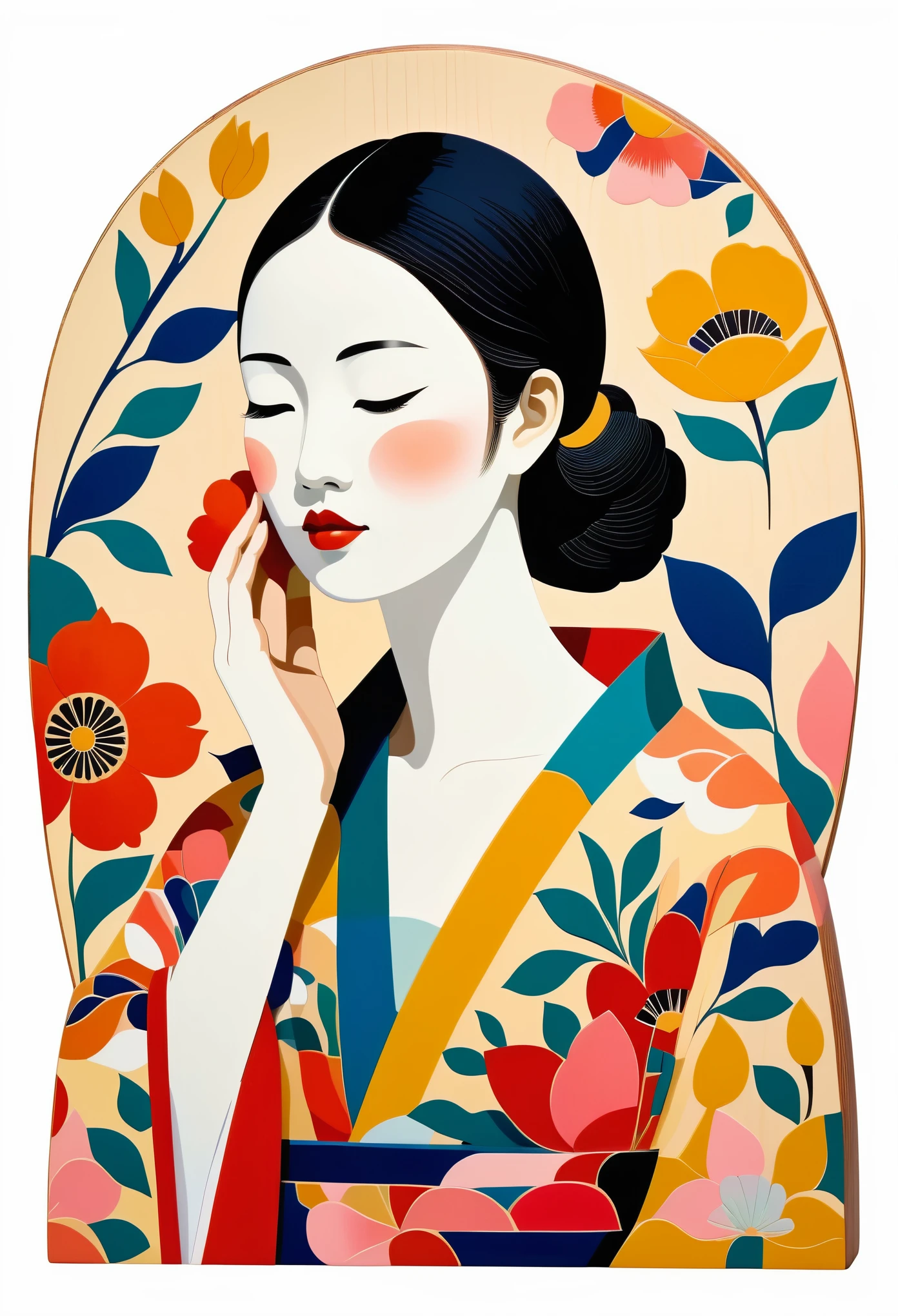 A colorful wood carving of an Asian woman with her hands on face, wearing a floral dress, white background, in the style of John Klassen. EArrangei and Morandi colors, organic shapes, geometric patterns, in the style of Uemura Shoen. Drops of paint on a wooden figure in the style of Matisse. In the style of cubism, art deco, pop surrealistic figures, folk inspired illustrations, pastel color palette, bright white background, no shadows.