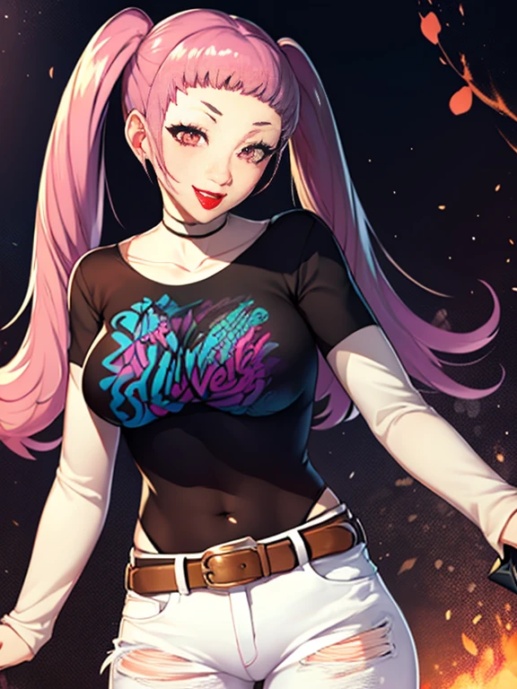 hilda valentine goneril ,smile, twintails, 1girl, solo, standing, black t-shirt, white shirt, jeans, belt, lipstick, large breasts