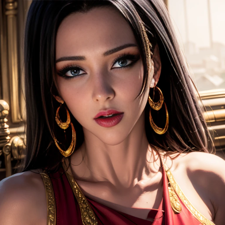 Boa Hancock , earrings, bare shoulders, red dress, red skirt, jewelry, insanely detailed and intricate, High quality, high coherence, anatomically correct, blue eyes, looking at the camera, hypermaximalist, sensual, beautiful, super detailed 