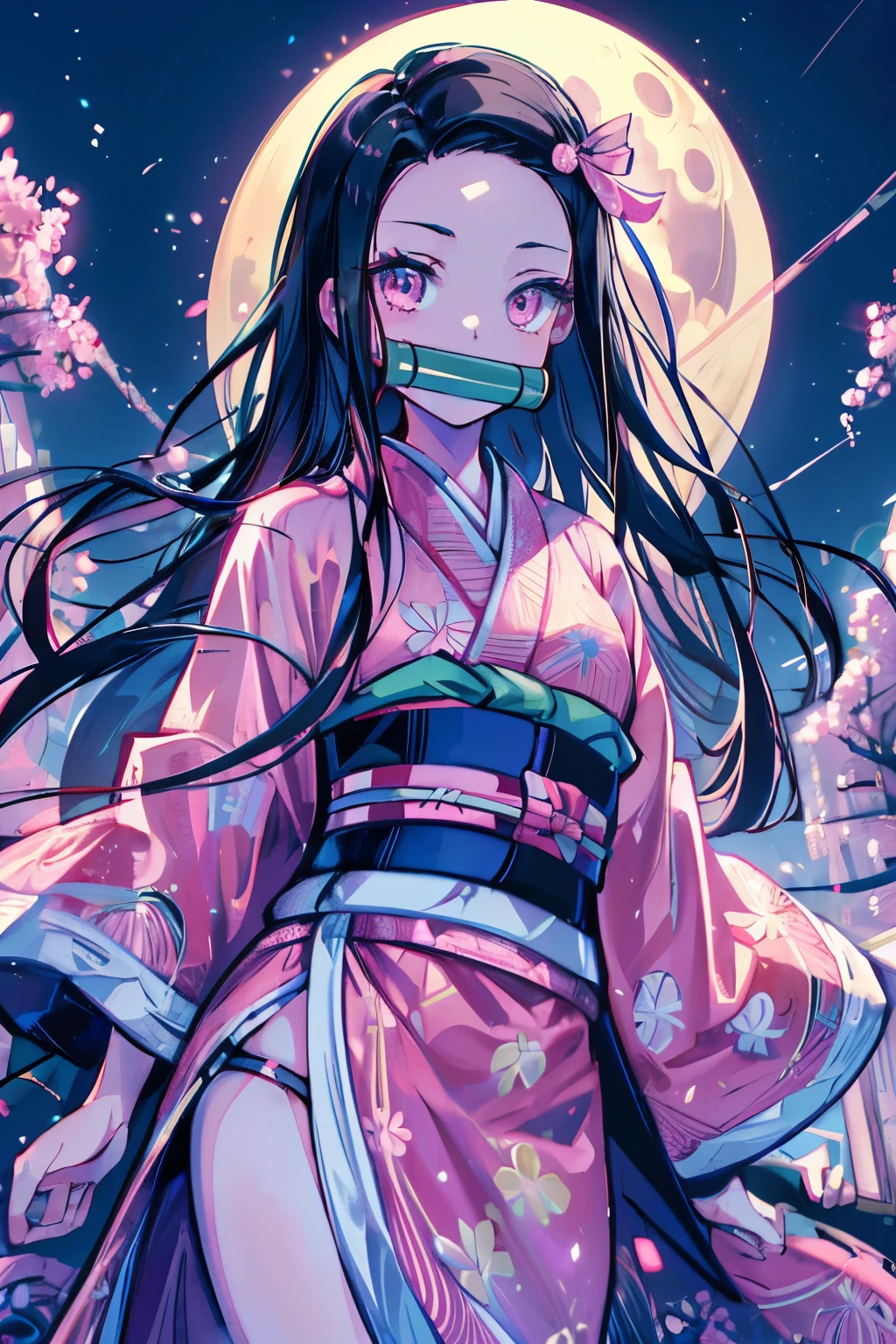 masterpiece, (pink kimono), seductive face, good lighting, low-cut, fine details, masterpiece, girl, black hair, gag,  Nezuko Kamado, old twon,night time,moon,masterpiece, best quality, POV, wide hips,