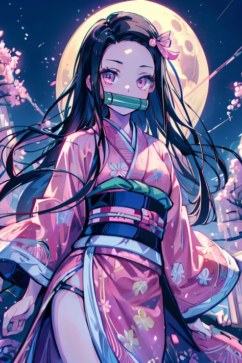 masterpiece, (pink kimono), seductive face, good lighting, low-cut, fine details, masterpiece, girl, black hair, gag,  Nezuko Ka...