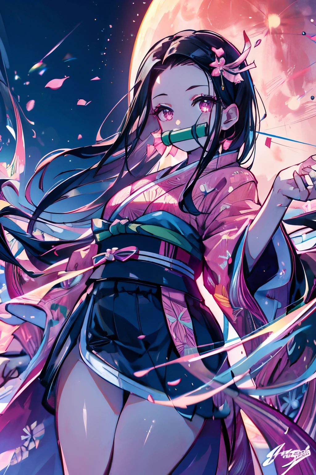 masterpiece, (pink kimono), seductive face, good lighting, low-cut, fine details, masterpiece, girl, black hair, gag,  Nezuko Kamado, old twon,night time,moon,masterpiece, best quality, POV, wide hips,