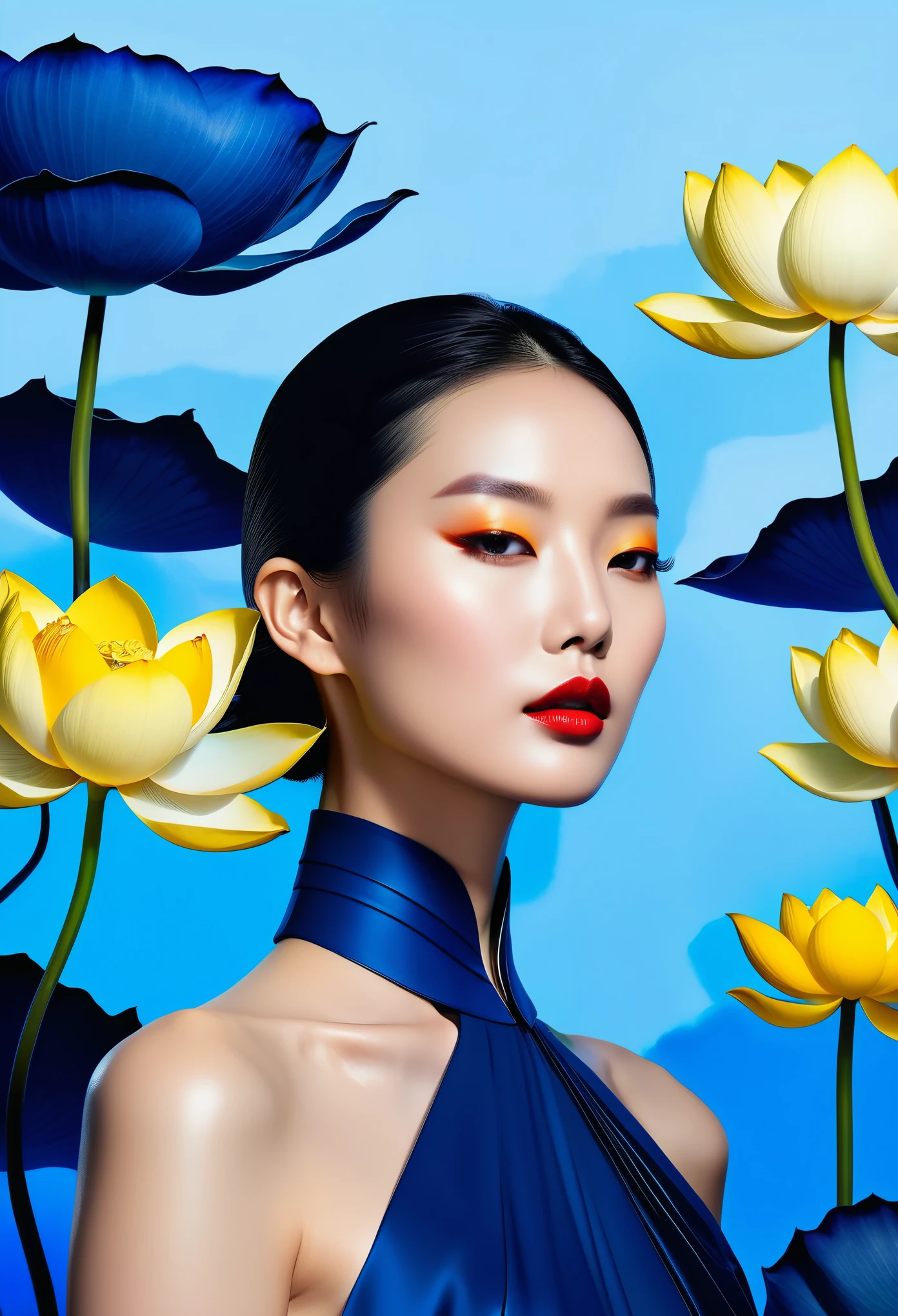 Abstract, fashion magazine cover style, highend advertisement design with the text "AIWG" and logo of China's leading luxury brand for women company AIGC. The background features an elegant female figure in profile wearing blue gradient . She is surrounded by large yellow lotus flowers, creating a surreal atmosphere. Inspired by concept artist Moebius, the colors have strong contrast between light gray and dark navy blue, creating a sense of mystery.