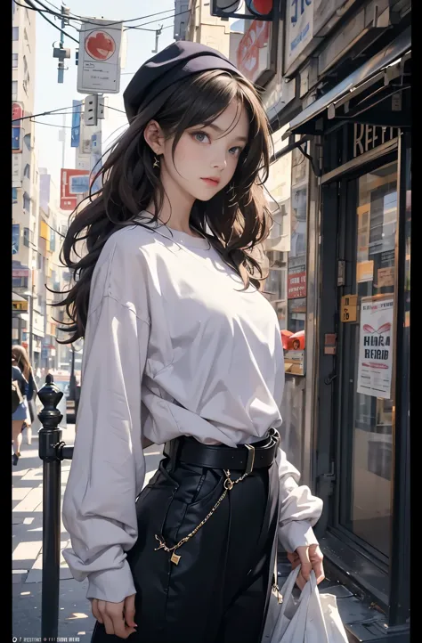 Photo of a beautiful woman standing on a street corner, Perfect model body shape, Stylish pants style, stylish belt, colorful pu...