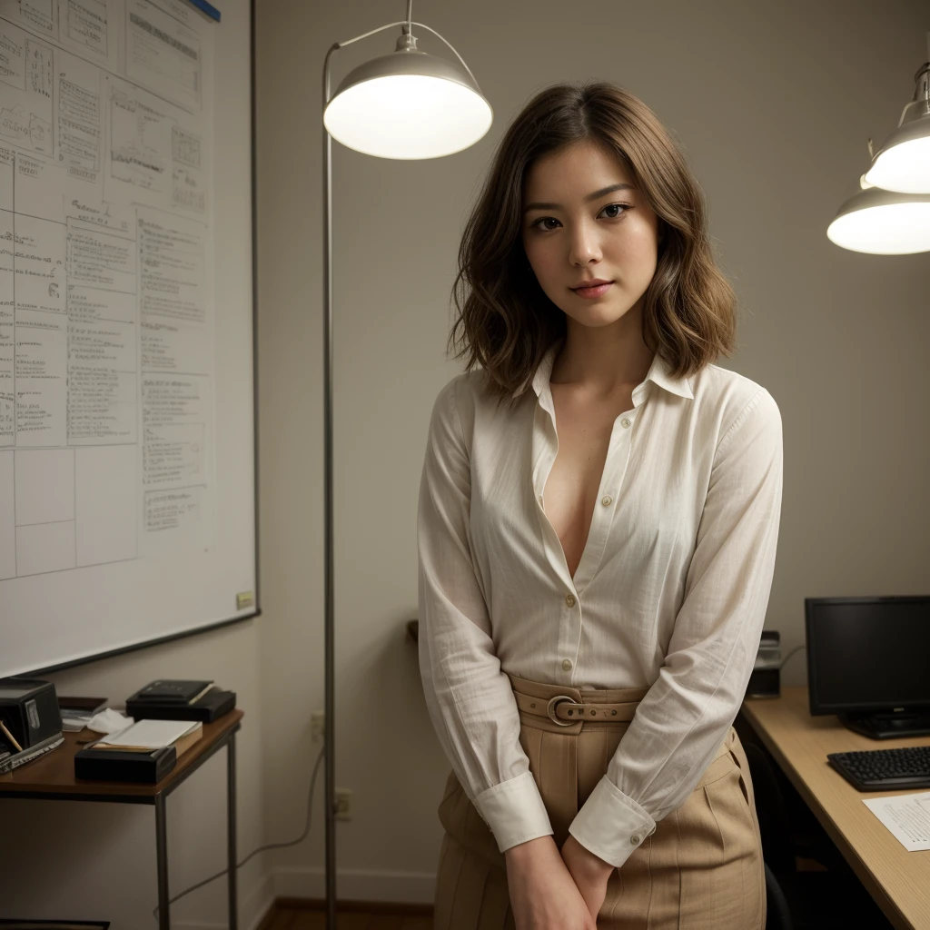 25 years old ((beautiful woman )) writing report in the office of tv station, bob hair, whiteboard, studio lighting, cinematic light, bio luminescent, (masterpiece), realistic, (25yr old female), beautiful face, sexy office suit, open buttons, linen mini skirt, open chest, open top button, studio lighting, beautiful look, japan european look, beautiful black eyes, perfect anatomy, bob hair, adult princess eyes, 8 life size, 8k resolution, highly detailed, amazing incredibly beautiful 25-something japanese woman , detailed hairstyles art by jean-baptiste monge, arthur rackham, pyle, j.cleyendecker, gurney, tony diterlizzi, peter deseve, bob hair, open all shirt buttons