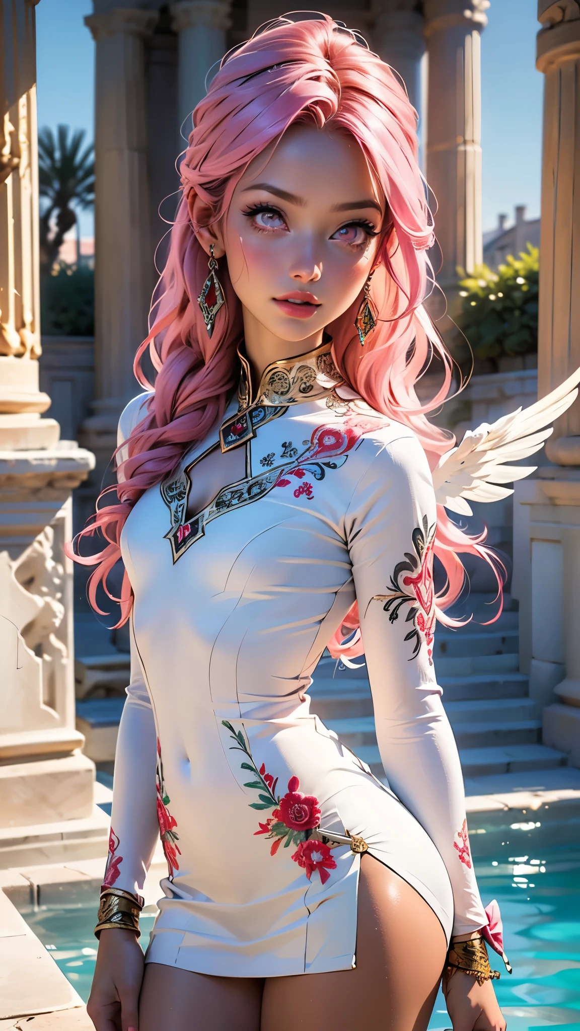 angel girl,1girl,((extremely cute and beautiful pink haired angel girl)),Cupid, holding a bow and an arrow with a heart shaped tip, white pink and red, feminine, small, very young,small breasts,((((long pink hair:1.35,absurdly long unkempt hair,colored inner hair,ear breathing)))),(((pink_eyes:1.3))),intricate eyes,beautiful detailed eyes,symmetrical eyes,((((lustrous skin:1.5,tanned skin,bright skin:1.5,skin tanned,shiny skin,very shiny skin,shiny body)))),(spider lower abdomen,inflated legs,thick thighs,detailed body,(detailed face)),

cute,slutty,seductive,erotic,(nsfw),love hearts,

pink eyes with a heart, lipstick in the form of a heart on her lips, a white top and a short white skirt with lace, (((a bow and arrow))), ((((small white wings)))), a gentle smile,(((intricate outfit,intricate clothes,embroidered outfit,ornate outfit))),

(dynamic pose:1.0),embarrassed,(centered,scale to fit dimensions,Rule of thirds),

((beautiful bath house made of greek marble and pillars, beautiful clear water in pool)),scenery:1.25,((intricate scenery)),((greek temple background)),

(Glossy greek ornaments),highres,sharp focus,(ultra detailed,extremely detailed),(photorealistic artwork:1.37),(extremely detailed CG unity 8k wallpaper),(((vibrant colors,vibrant theme))),(intricate),(masterpiece),(best quality),artistic photography,(photography taken by sldr),(intricate background),perfect rendered face,perfect face details,realistic face,photo realistic,((intricate detail)),(((realism))),
