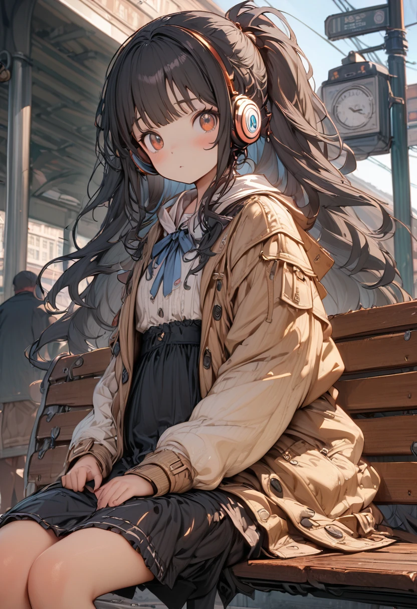 #Quality(8k,best quality,masterpiece,cinematic),solo,#1 girl(cute, kawaii,small kid,black hair with blue underneath,pony tail hair,long hair,brown eyes,big eyes,sitting on a bench,waiting for train,head phone,JK,highschool student,looking away,boring),#background(trainstation in the future),long shot,wide shot,from side
