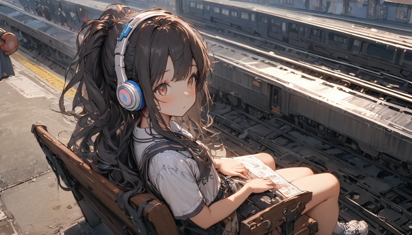 #Quality(8k,best quality,masterpiece,cinematic),solo,#1 girl(cute, kawaii,small kid,black hair with blue underneath,pony tail hair,long hair,brown eyes,big eyes,sitting on a bench,waiting for train,head phone,JK,highschool student,looking away,boring),#background(trainstation,),long shot,wide shot,from above