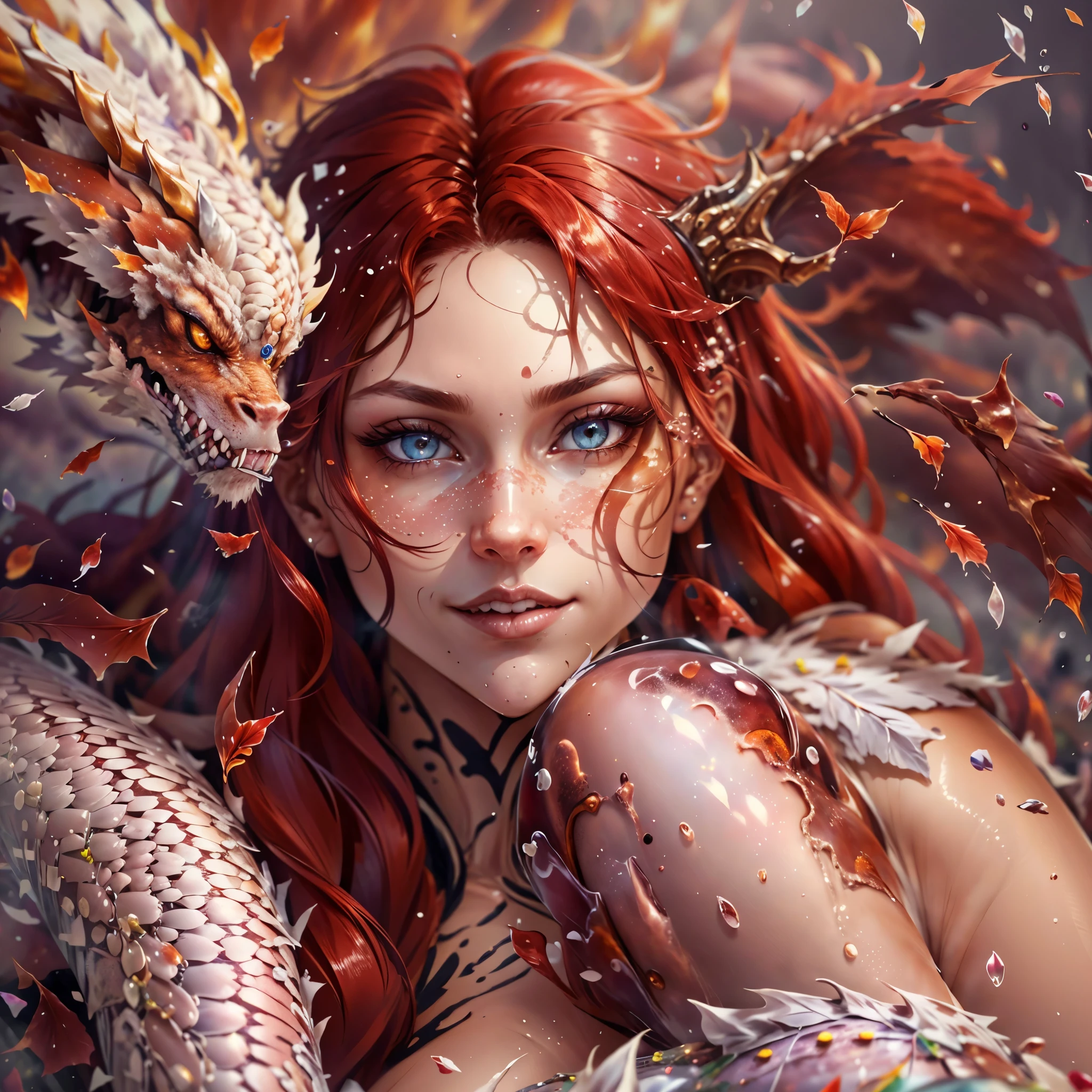 (best quality,4k,8k,highres,masterpiece:1.2, portrait), ultra-detailed, realistic, naked sexy dragon woman with red and white glittering scales, long fiery red hair with white highlights, very playful but mischievous smile, huge , gigantic breasts, naked, nude, detailed crotch, detailed vulva, sexy pose, spread legs, playful, bi-coloured eyes, heterochromia, lustful