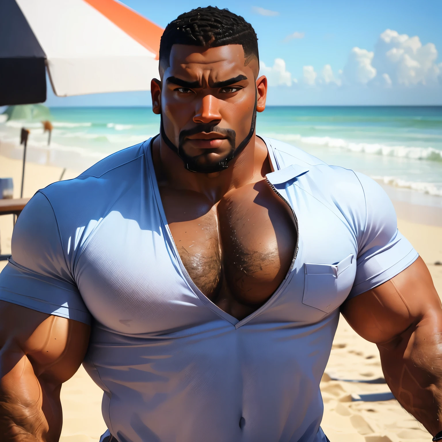 Arafed man with a big chest on a beach - SeaArt AI