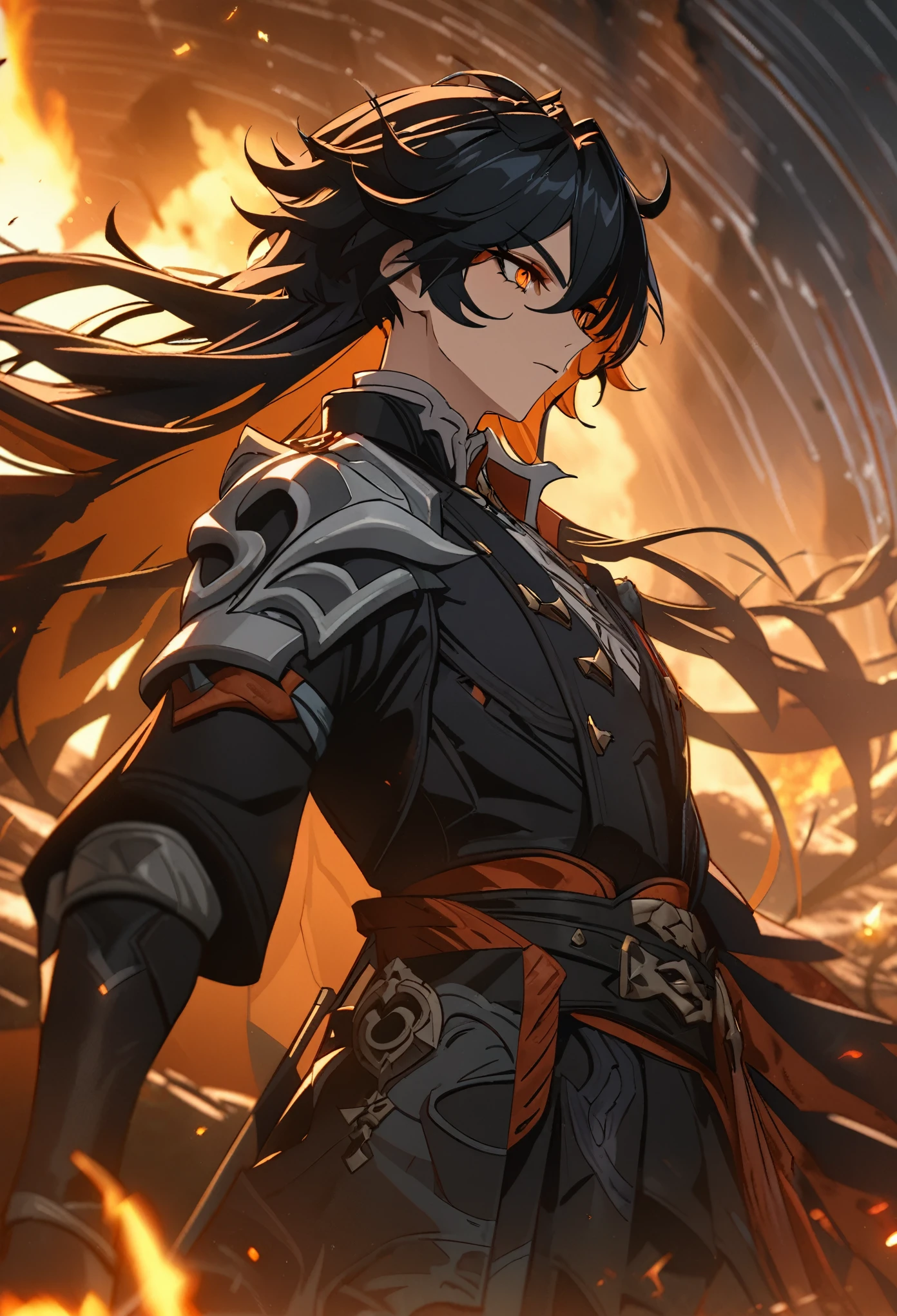 ((solo)), (man), dark orange eyes, black hair, very long hair, messy hair, dark orange colored inner hair, a close up of a person with a sword in a desolate land surrounded by demons and monsters, a burning battlefield, epic, detailed key anime art, honkai star trail character, casimir art, masamune shiro, masamune, handsome guy in demon slayer art, genshin, heise jinyao, shadowverse style, (no logos), DOOM hell, black powers, red infernal scenery, detailed clothes, eye reflection, depth of field, cinematic lighting, ray tracing, depth of field, cinematic lighting, ray tracing, UHD, high details, best quality, highres, high quality, award winning, super detail, masterpiece, 8k, UHD, high details, best quality, highres, high quality, award winning, super detail, masterpiece, 8k, digital art, anime coloring