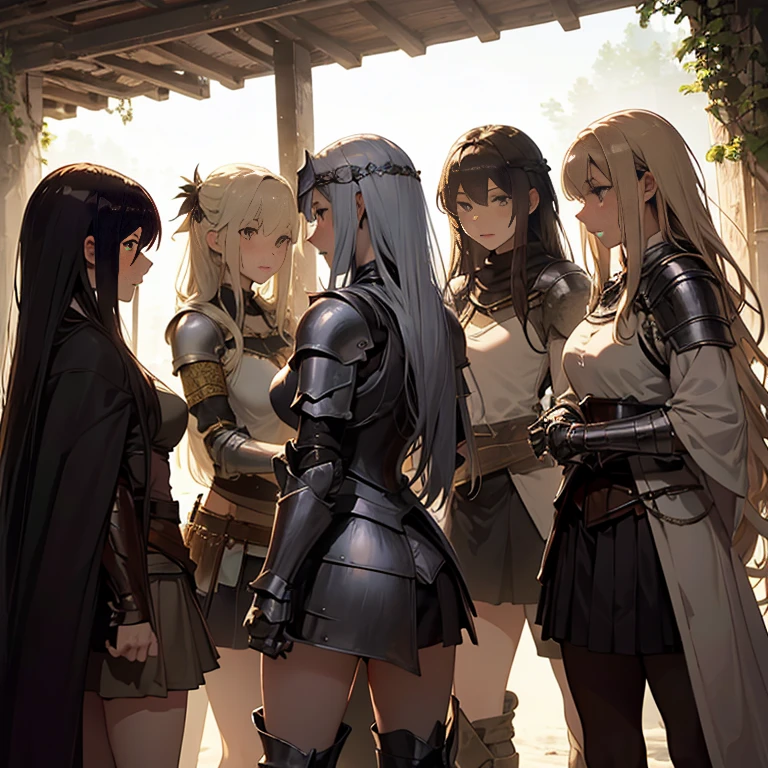 A group of  female knight, (in forest), various hair styles, harem, wearing armored clothes, metal armor, night, details face, , short skirt, seducing, sword, tied, bdsm