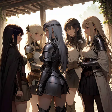 A group of  female knight, (in forest), various hair styles, harem, wearing armored clothes, metal armor, night, details face, ,...