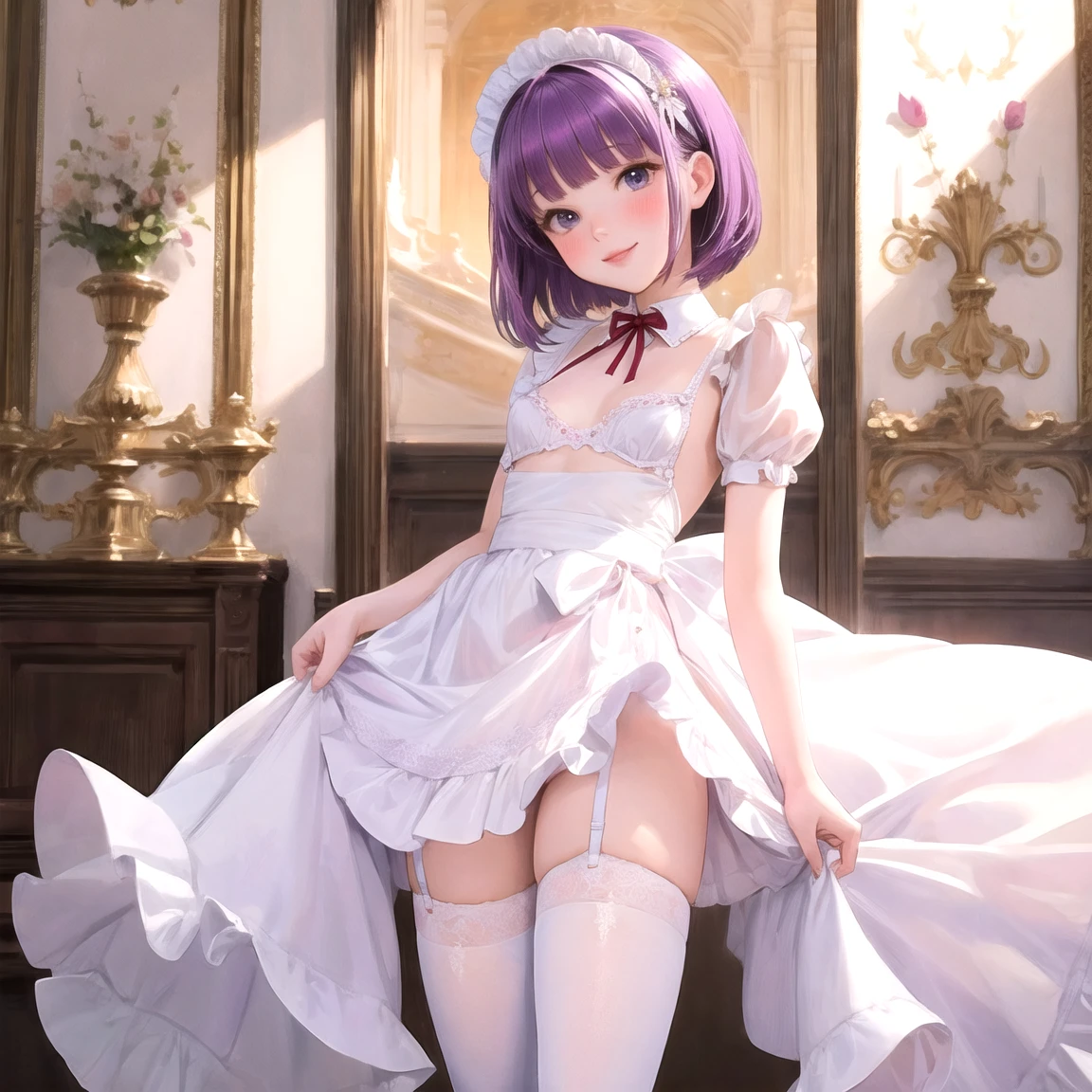 (masterpiece, best quality,absurdres, high details, perfect), 1girl, Purple hair color, short straight hair, blunt bangs,narrow waist, grey eyes, petals, pale skin, mansion, indoors, maid, maid headdress, cowboy shot, blush, light smile, head tilt, bowing,((Best quality)), ((masterpiece)), (detailed), (perfect face), (high resolution), (flawless face), ((small breasts)), in lingerie,((white knee-high)), full body,slightly spreading legs,front view,lifting skirt.