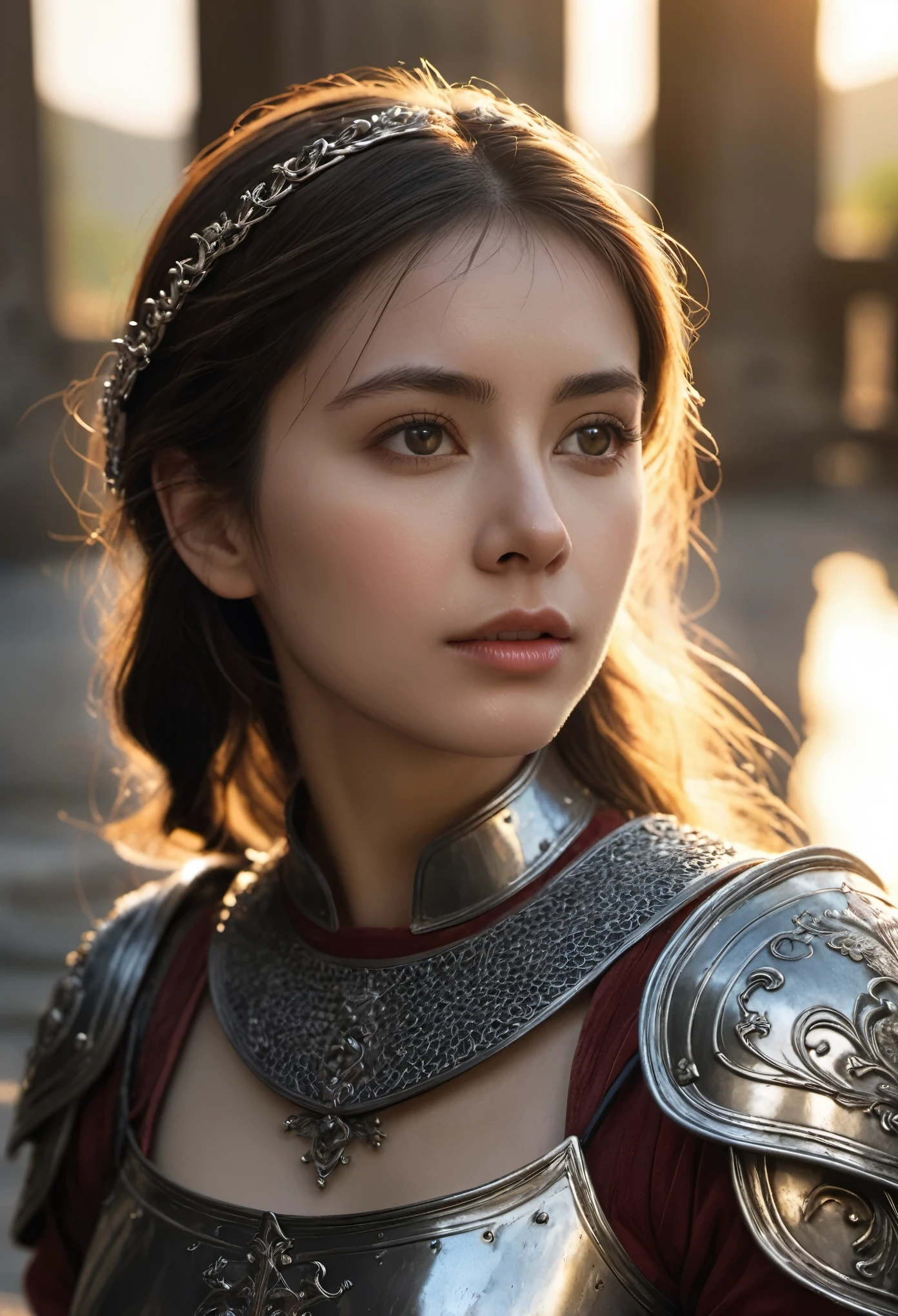 (masterpiece), (extremely intricate:1.3), (realistic), portrait of a girl, the most beautiful in the world, (medieval armor), metal reflections, upper body, outdoors, intense sunlight, far away castle, professional photograph of a stunning woman detailed, sharp focus, dramatic, award winning, cinematic lighting, octane render  unreal engine,  volumetrics dtx, (film grain, blurry background, blurry foreground, bokeh, depth of field, sunset, motion blur:1.3), chainmail