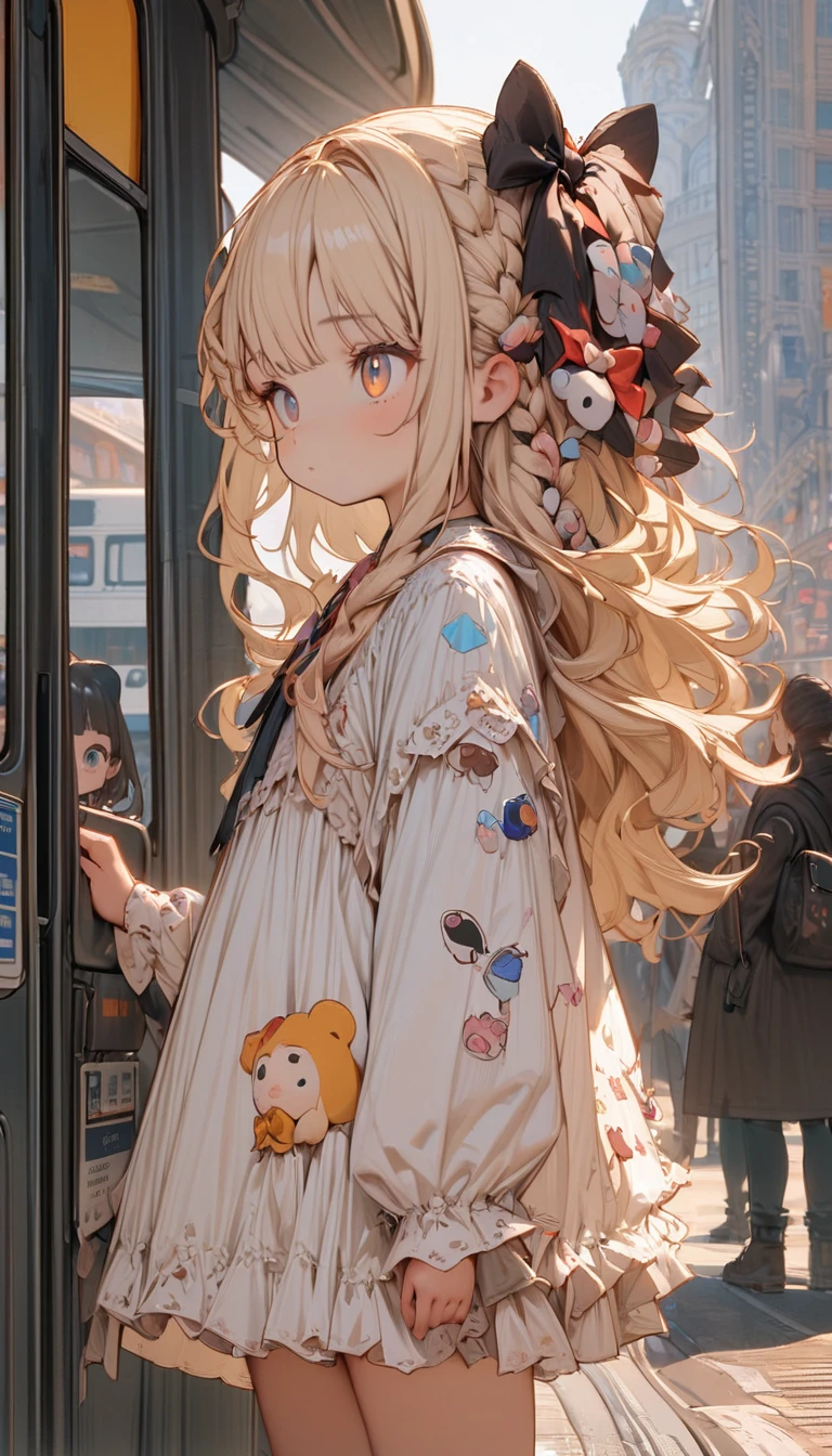 #Quality(8k,best quality,masterpiece,cinematic),solo,#1 girl(cute, kawaii,small kid,light blond hair,braid hair,long hair,hair bow, eye color cosmic,big eyes,standing ,waiting for bus,looking away,boring,wearing simple white short dress,),#background(at bus station,london),long shot,from side