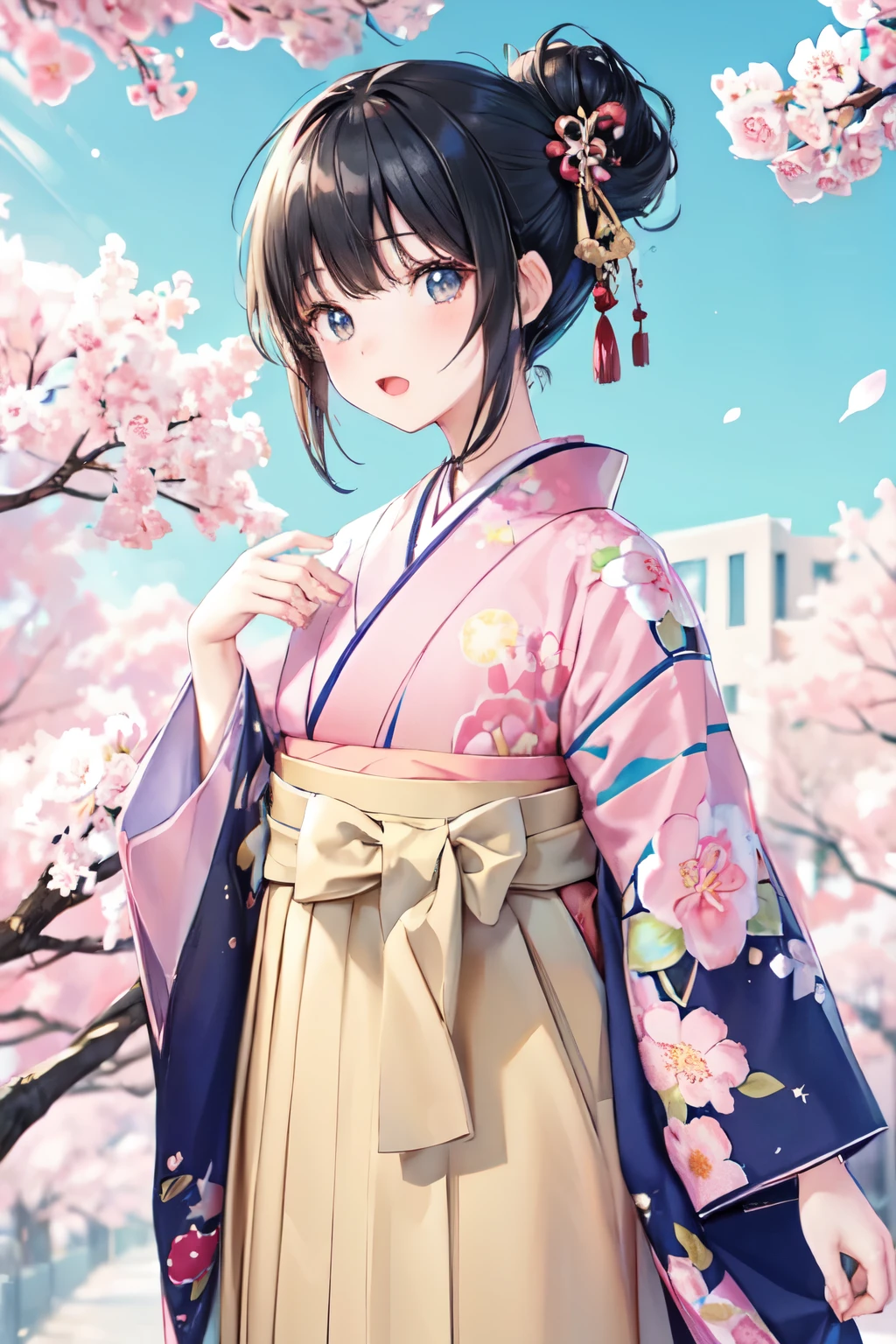 (best quality:1.2), masterpiece,anime,kawaii,One 20-year-old woman,cute,ultra-detailed face,detailed eyes,detailed nose,blush,open mouth,long eyelashes,happy,black hair,blunt bangs,chignon,dark blue stardust pattern kimono,beige hakama,Are standing,looking at viewer,Cherry tree,Cherry blossom snowstorm in the scenery,,modern japan,graduation ceremony,University,blue sky,Rim Light,(School building in the distance)