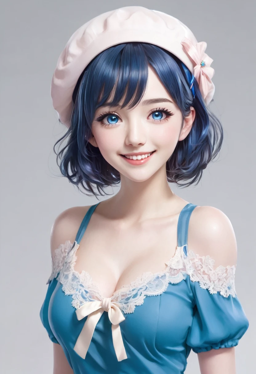 Front view, dark blue hair, bob cut hair, small pink beret, light blue dress, cream lace decoration, anime, full body, white background, solid, white background, simple background, high details, UHD, smile, Blue eyes, nightcore style, pale turquoise and pale crimson, luster and shine, lively blue expression, honey core, girl with delicate markings, perfect anatomy,large breast
cute, beautiful, fantasy, happycore, anime, cel anime, soft-edged, character design, a girl, delightful, cheerful, smiling, hands on hips, looking at viewer, front view, bob, blue eyes, big eyes, fair skin, voluptuous, curvy, dress, 20-year-old, japanese, best quality, detailed, ultra detailed