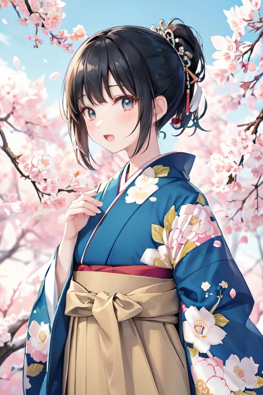 (best quality:1.2), masterpiece,anime,kawaii,One 20-year-old woman,cute,ultra-detailed face,detailed eyes,detailed nose,blush,open mouth,long eyelashes,happy,black hair,blunt bangs,chignon,dark blue stardust pattern kimono,beige hakama,standing facing the front,looking at viewer,Cherry tree,Cherry blossom snowstorm in the scenery,modern japan,graduation ceremony,University,blue sky,Rim Light,(School building in the distance)