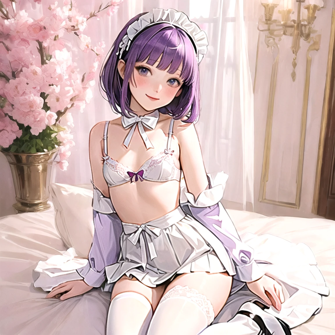 (masterpiece, best quality,absurdres, high details, perfect), 1girl, Purple hair color, short straight hair, blunt bangs,narrow waist, grey eyes, petals, pale skin, mansion, indoors, maid, maid headdress, cowboy shot, blush, light smile, head tilt, bowing,((Best quality)), ((masterpiece)), (detailed), (perfect face), (high resolution), (flawless face), ((small breasts)), sexy lingerie,((white knee-high)), full body,M shaped spread legs,front view,lifting skirt.