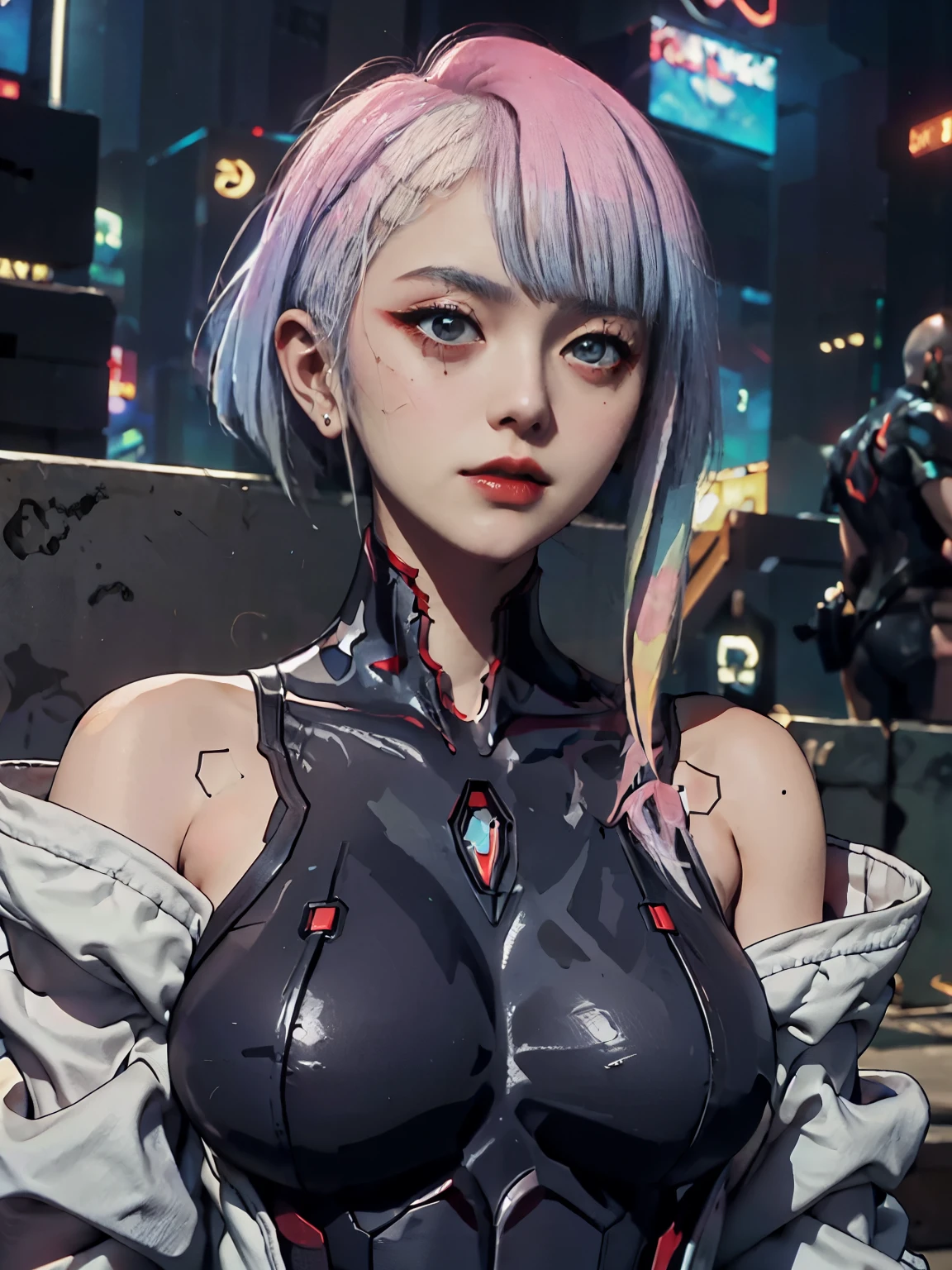 1 girl，Lucy，Chest，Upper body，Areola，moon，The rocket takes off，cyberpunk