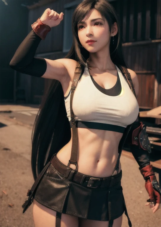 (Photorealistic: 1.4), top quality, very delicate and beautiful, high resolution, 1girl, tifa_lockhart, smile, cowboy shot, suspenders, low rise, mini skirt, tank top, tense shirt, black hair, long hair, elbow gloves, beautiful detailed red eyes, face light, movie lighting, navel, high exposure, abdomen exposure, ribs, abs, ( gigantic breasts: 1.2), dynamic poses, dynamic angles, hand in skirt