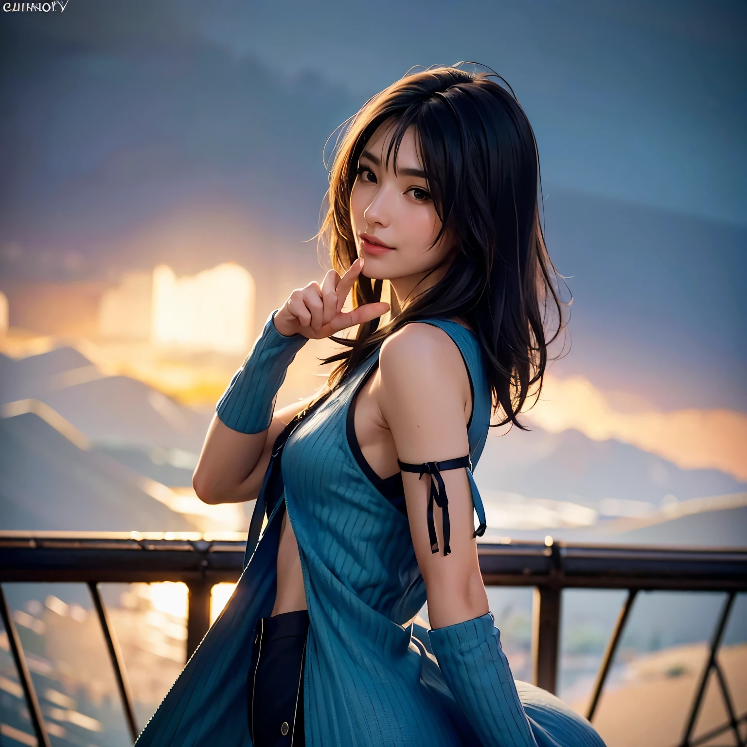 1girl、cinematic lighting, (RAW photo, best quality), (realistic, photo-realistic:1.4), masterpiece, an extremely delicate and beautiful, extremely detailed, 4k wallpaper, Amazing, finely detail, extremely detailed CG unity 8k wallpaper, ultra-detailed, highres, soft light, beautiful detailed girl, (detailed face), extremely detailed face, extremely detailed eyes and face, beautiful detailed nose, beautiful detailed eyes, perfect anatomy, slender body, look at viewer, dynamic,rinoa, arm warmers, sleeveless coat, black shirt, blue skirt, arm ribbon, upper body, from side, looking at viewer, smile, clouds, in midair,cowboy shot