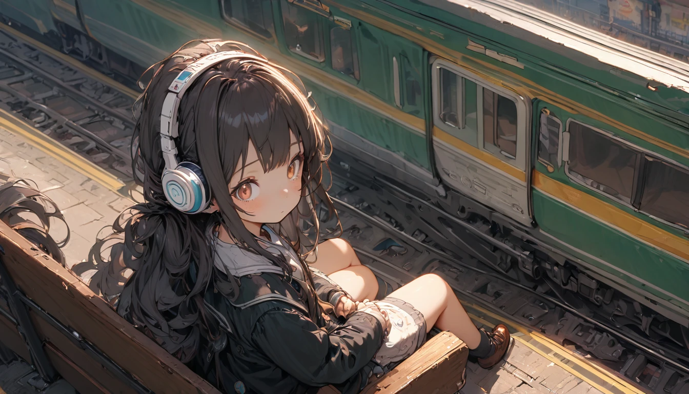 #Quality(8k,best quality,masterpiece,cinematic),solo,#1 girl(cute, kawaii,small kid,black hair with blue underneath,pony tail hair,long hair,brown eyes,big eyes,sitting on a bench,waiting for train,head phone,JK,highschool student,looking away,boring),#background(trainstation,in the future),long shot,wide shot,from above,from side