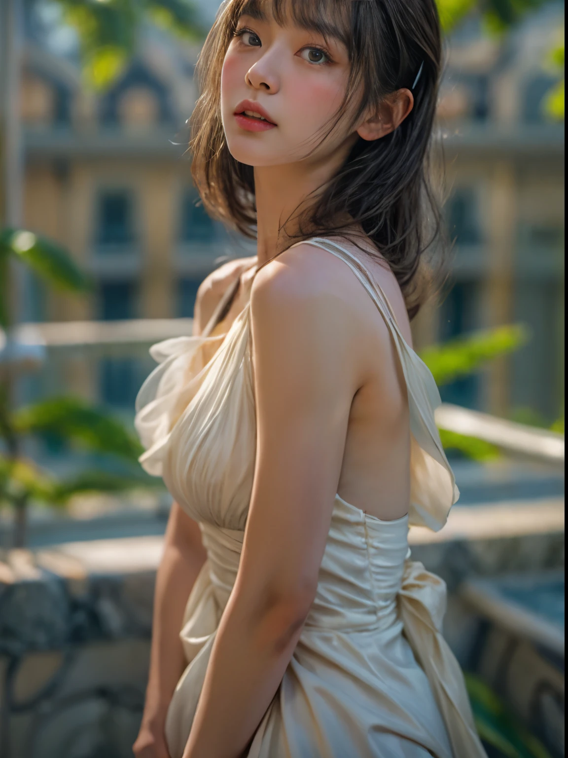 Obra de arte、mais alta qualidade、cinema、(Mulher japonesa bonito、franja:1.3)、23 anos、1 garota、elegante、Cabelo preto、oceano、(ângulo horizontal、vestido branco:1.5)
